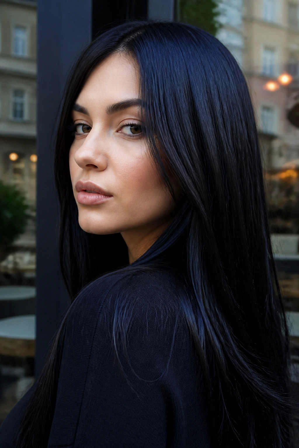 Close-up portrait of a person with blue-black brown hair and a blue sheen in daylight