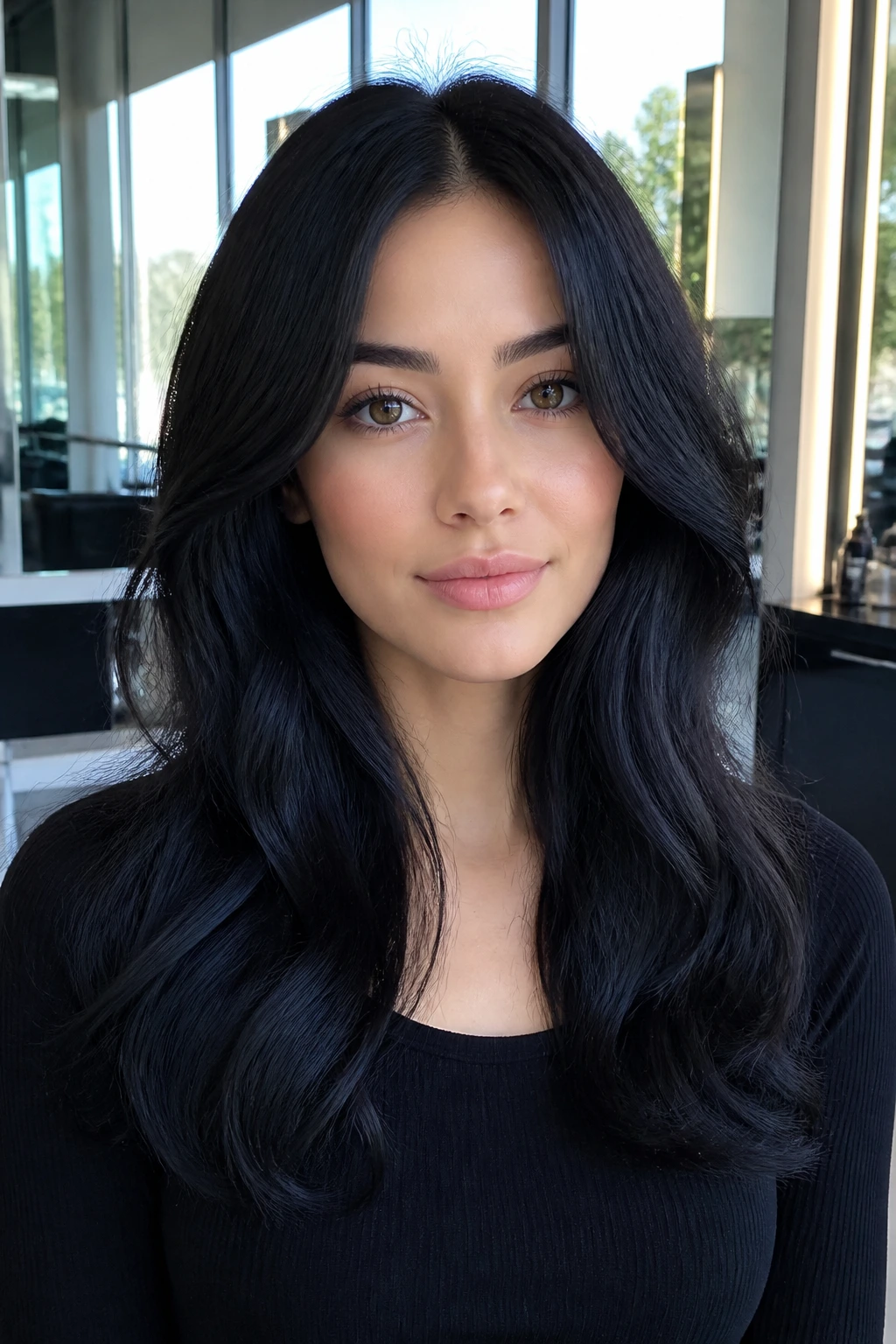 Close-up of a woman with blue-black brown hair