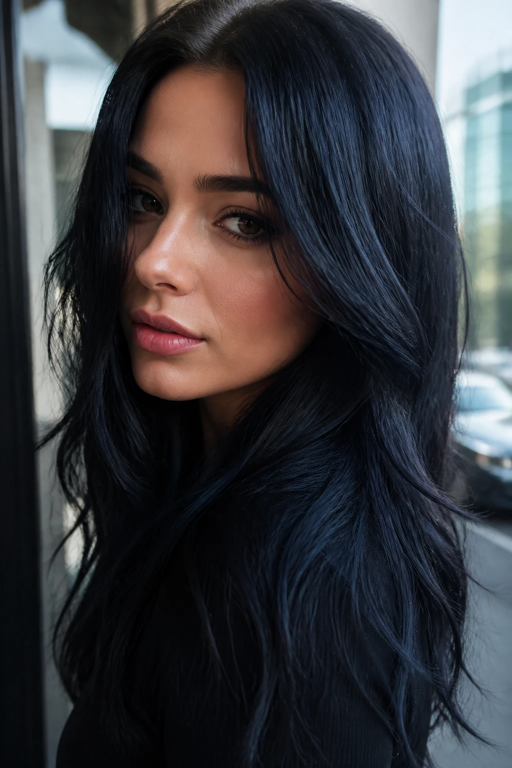 Portrait of a woman with blue-black brunette hair.