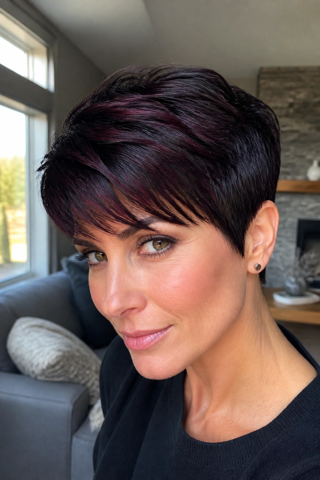 Real woman sporting a blue-black cherry pixie cut on cool skin tone
