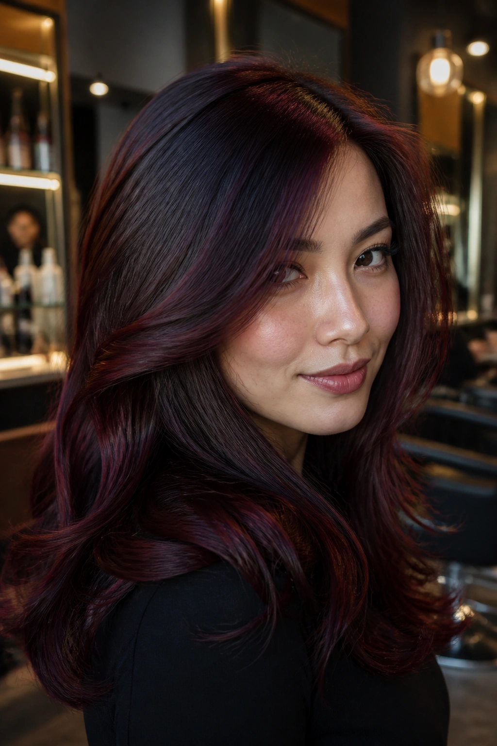 Close-up portrait of a real person with blue-black cherry red hair in a salon