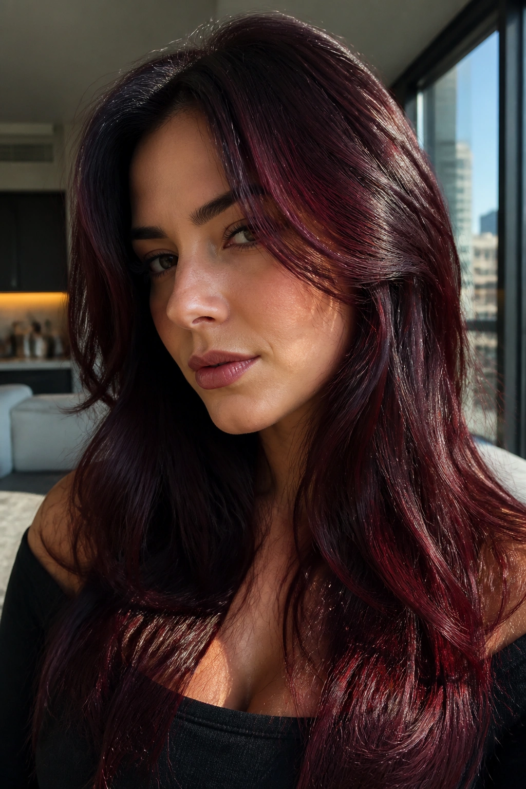 Close-up of a real person with blue-black cherry red hair in natural daylight
