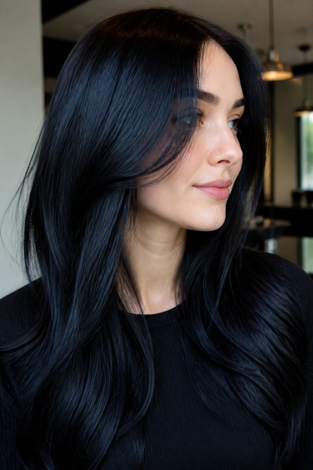 Portrait of blue-black chocolate hair with glossy finish