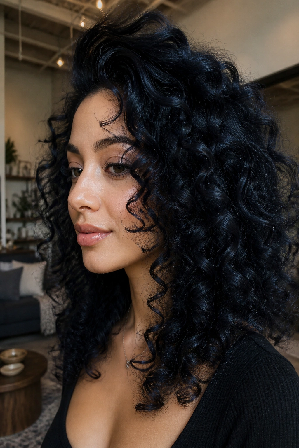 Real woman with blue-black curls lifted at crown in natural light