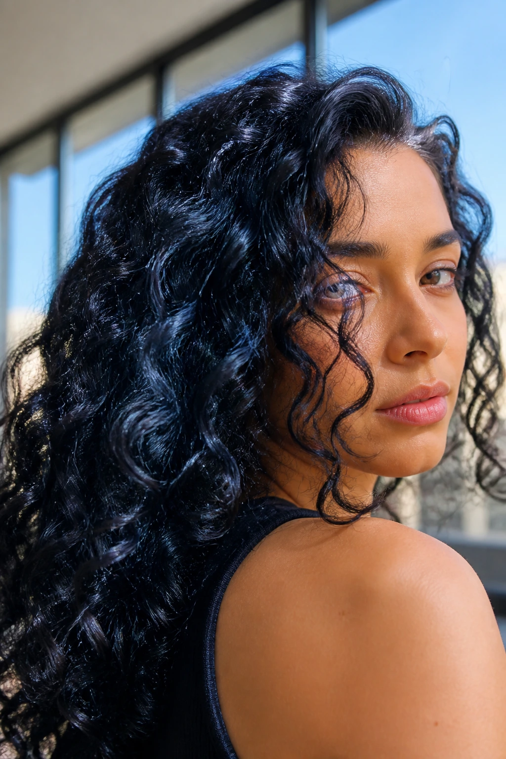 Close-up of a real person with blue-black curls catching daylight