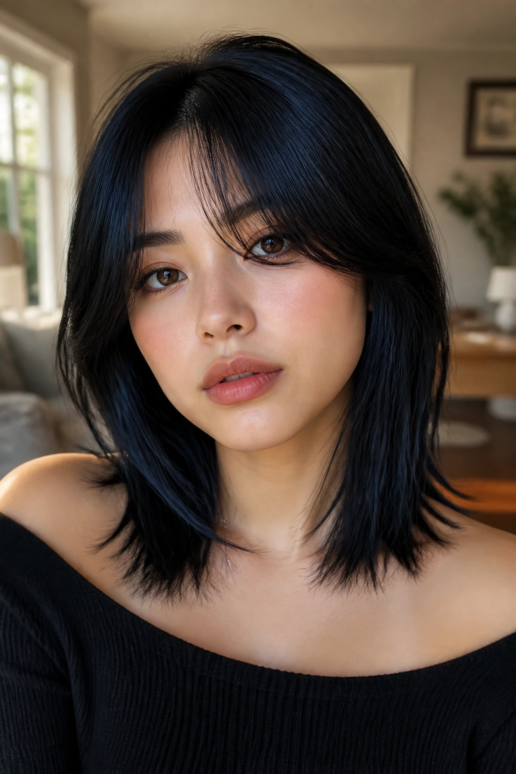 Close-up of a real woman with blue-black curtain bangs and collarbone-length layers.