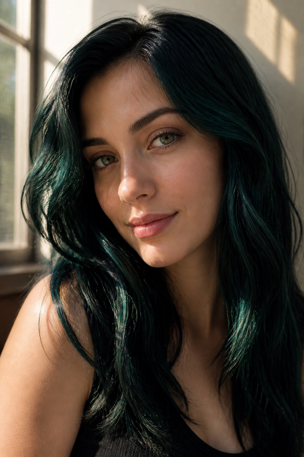 Close-up of a real person with blue-black emerald hair in natural light