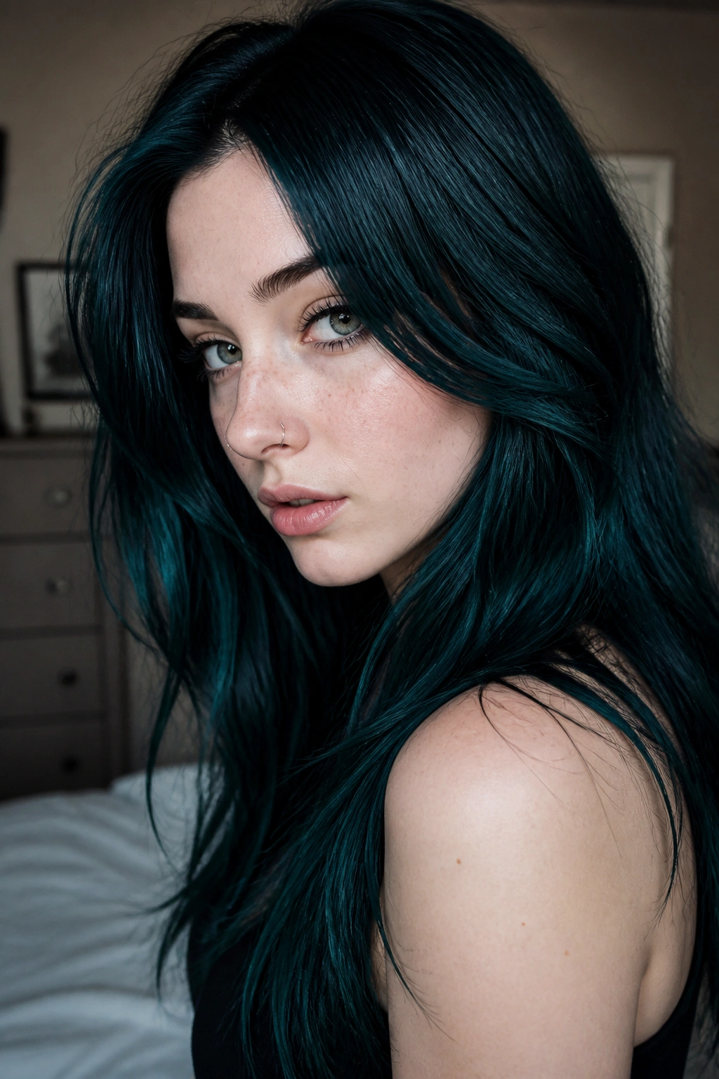 Close-up of real person with blue-black emerald hair in glossy lacquer finish
