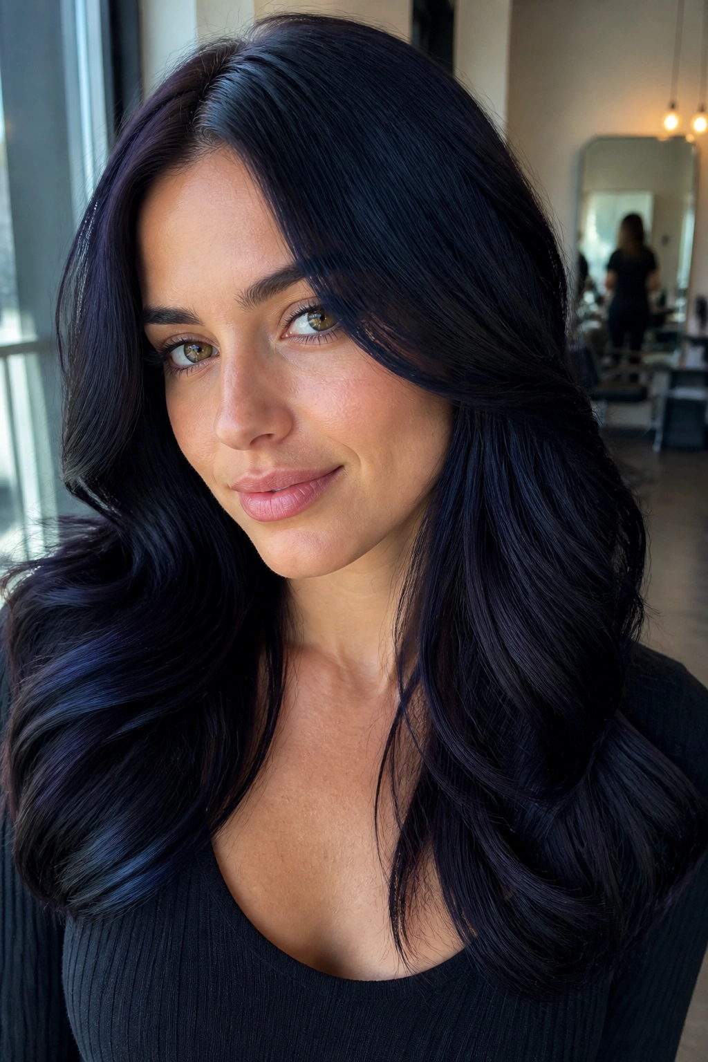 Close-up portrait of a real person with blue-black espresso hair in cool daylight