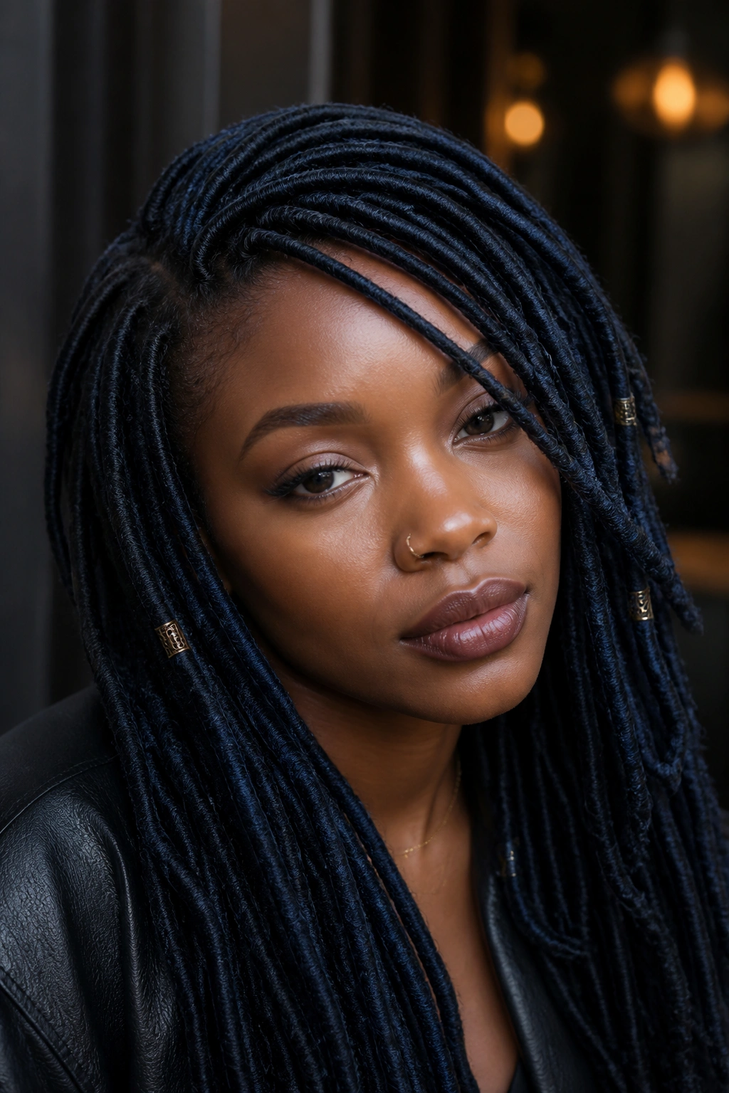 Real woman with blue-black faux locs and side-swept front pieces