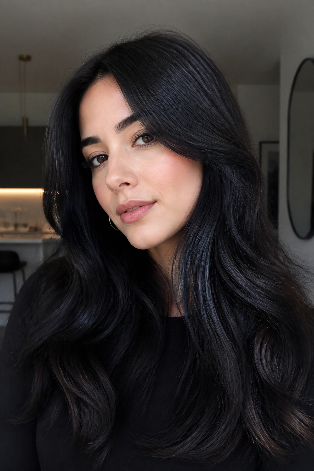 Portrait showing deep blue-black glaze hair with rich depth and gloss