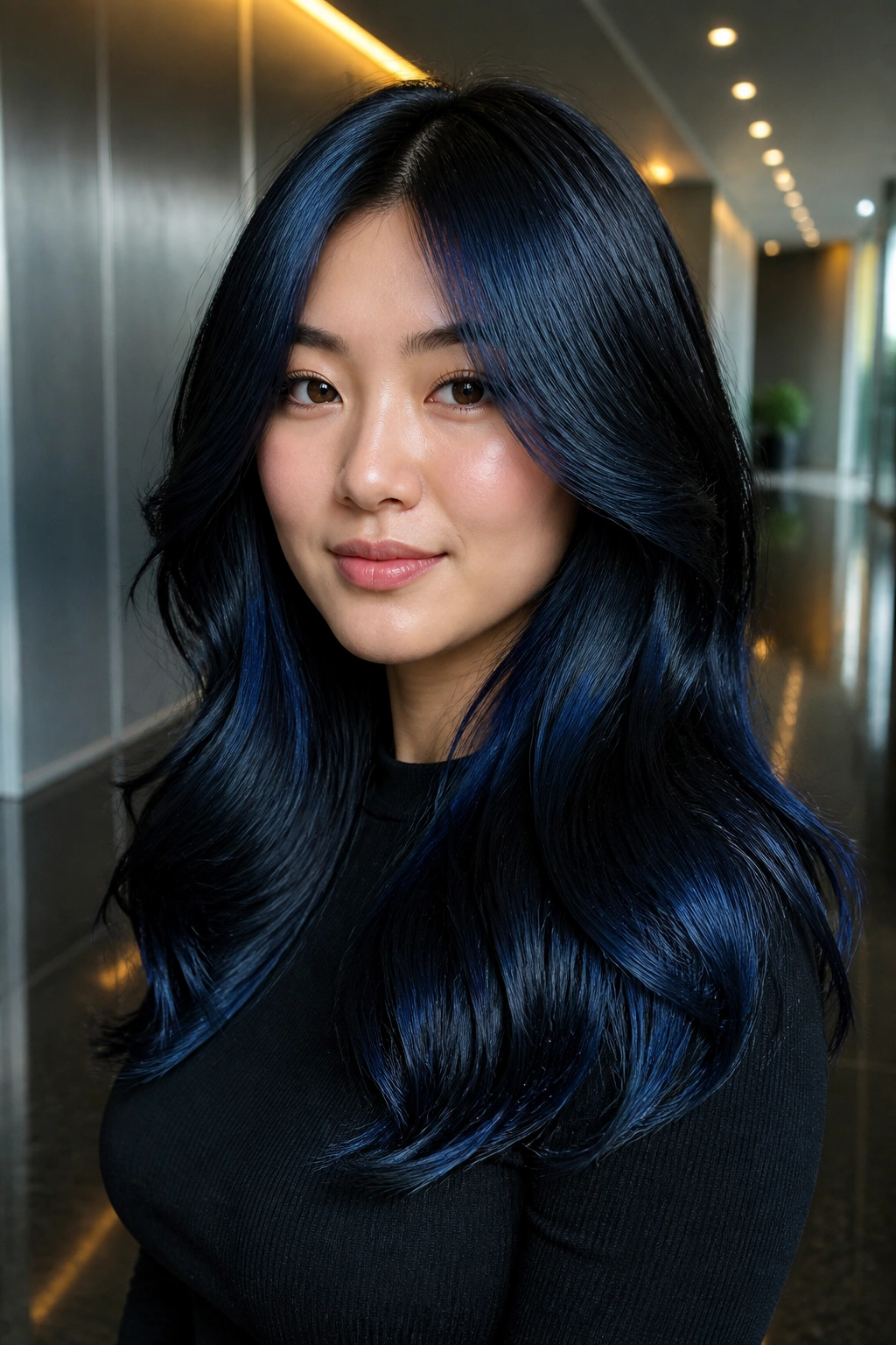 Close-up of a real woman with blue-black glossy hair showing blue sheen.