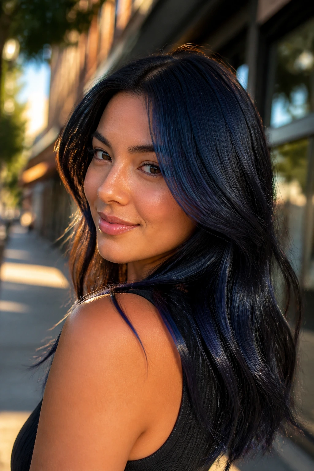 Close-up of a real person with blue-black gloss hair catching light