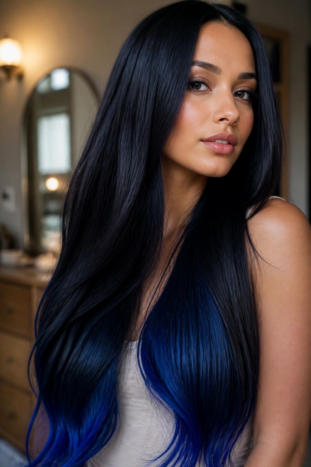 Close-up portrait of a real woman with blue-black hair and cobalt tips