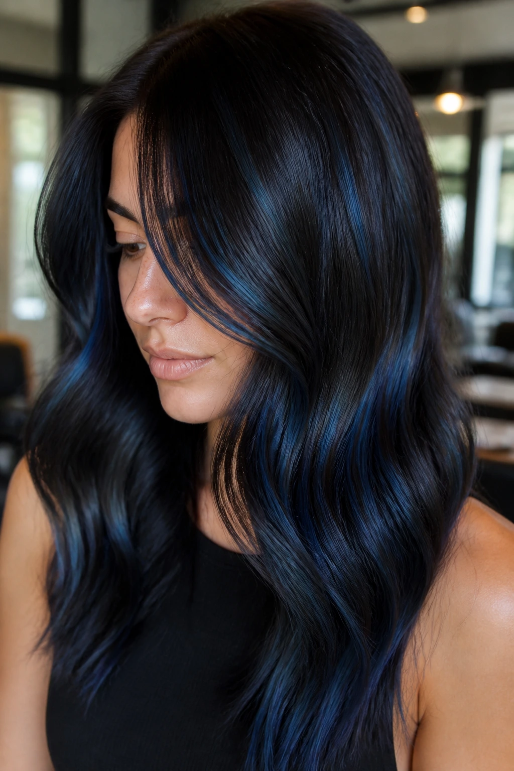Close-up of a real person with blue-black gloss melt on dark brown hair in natural salon light