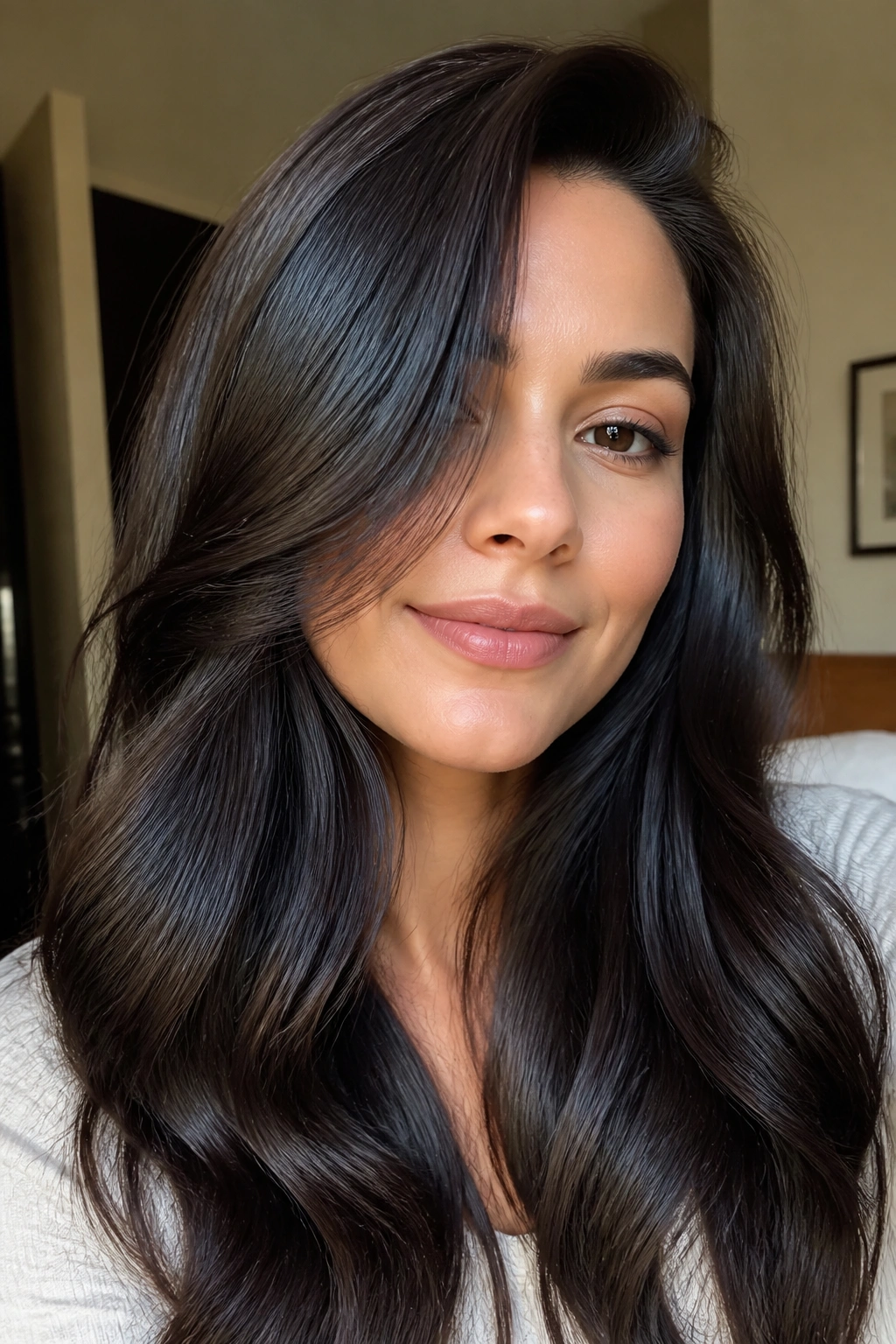 Sable brown hair with blue-black gloss reflecting light