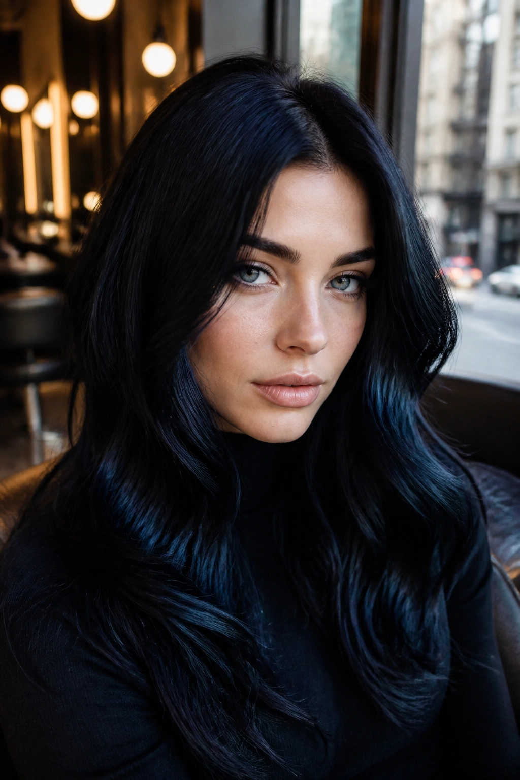 Close-up of a real person with glossy blue-black hair