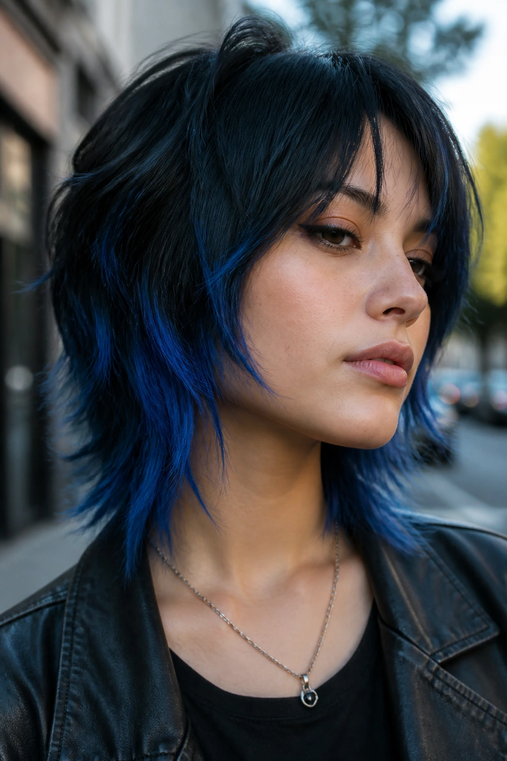 Portrait of a woman with blue-black gradient layered shag showing darker roots fading to blue ends.