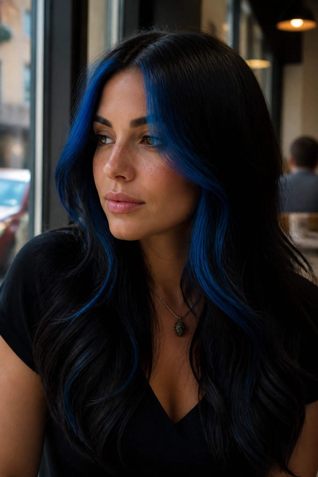 Portrait of a woman with blue-front ribbons against black long hair.