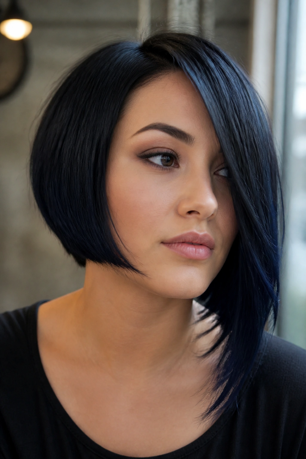 Close-up of a real woman with blue-black asymmetrical bob and longer side