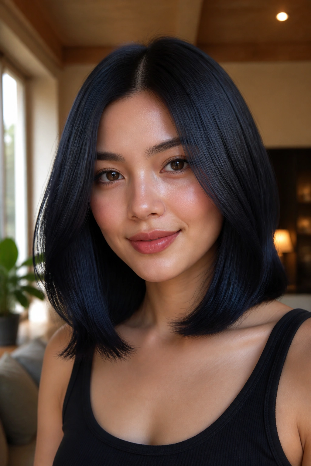 Close-up of a real woman with a glossy blue-black collarbone-length lob and center part