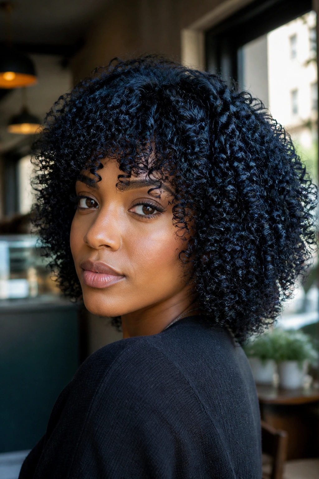 Close-up portrait of a real person with blue-black hair showing blue sheen under natural light