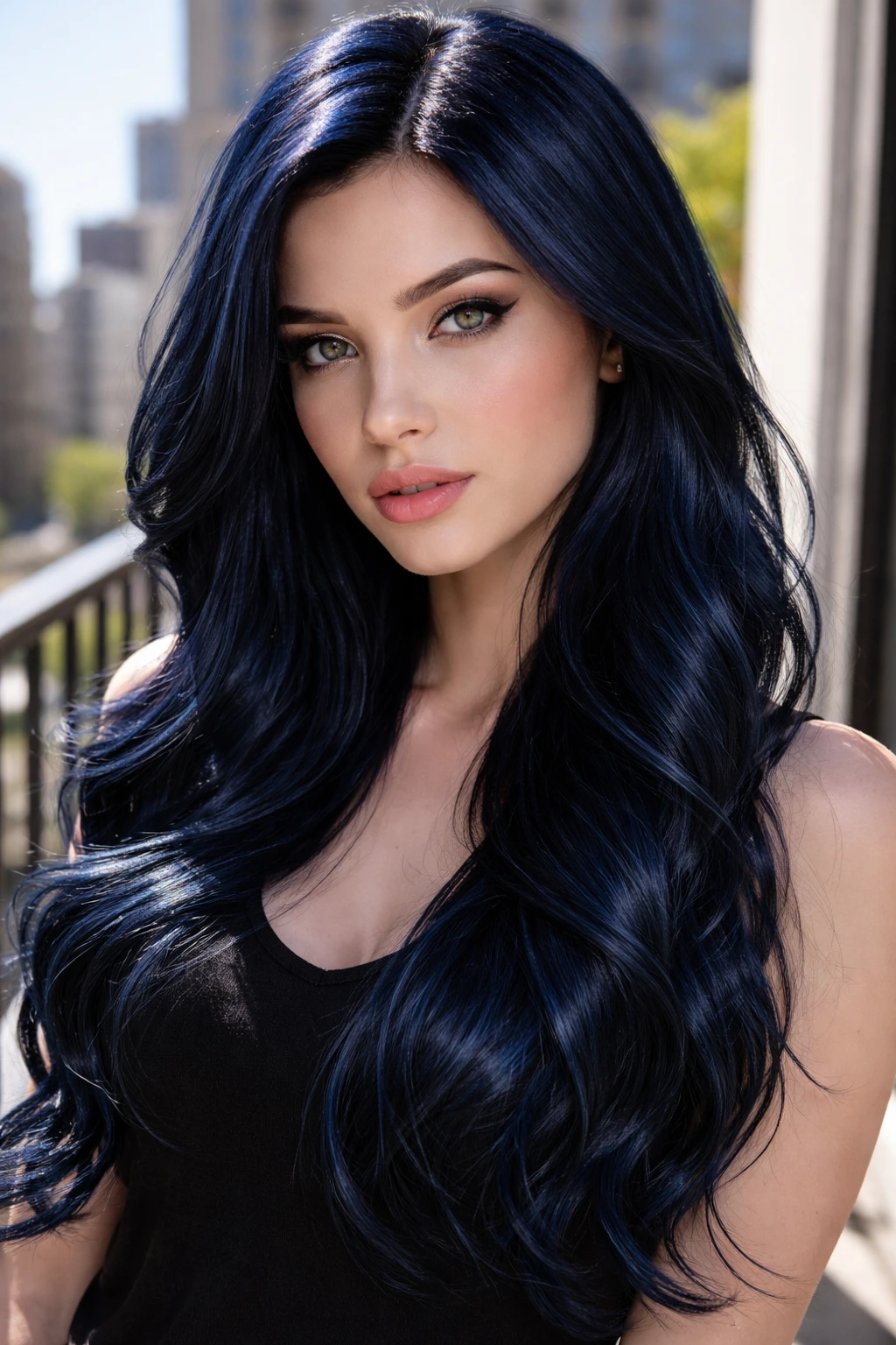 Close-up of a real person with blue-black hair in sunlight.