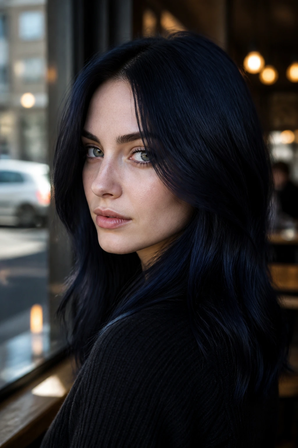 Portrait of a person with blue-black hair and cool undertones.