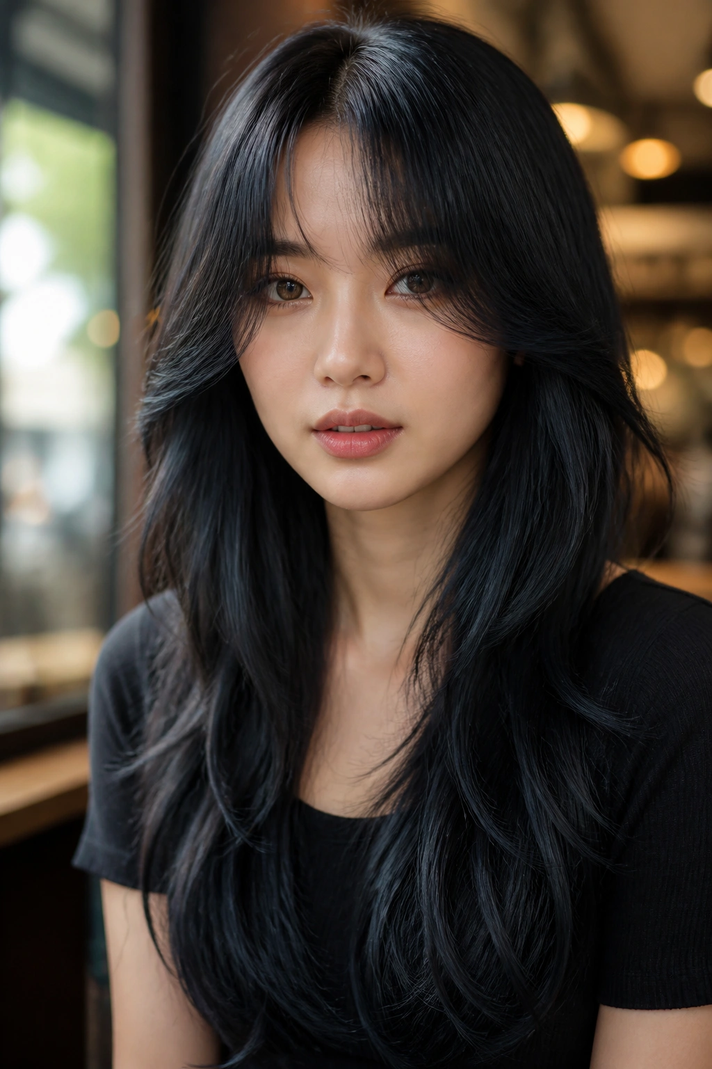 Close-up of a real woman with blue-black long layered hair and curtain bangs