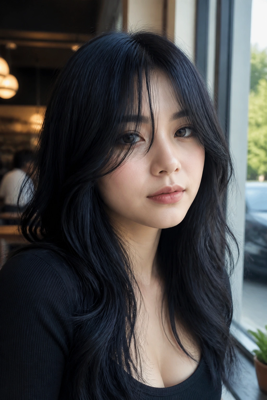 Portrait of a woman with blue-black hair and curtain fringe