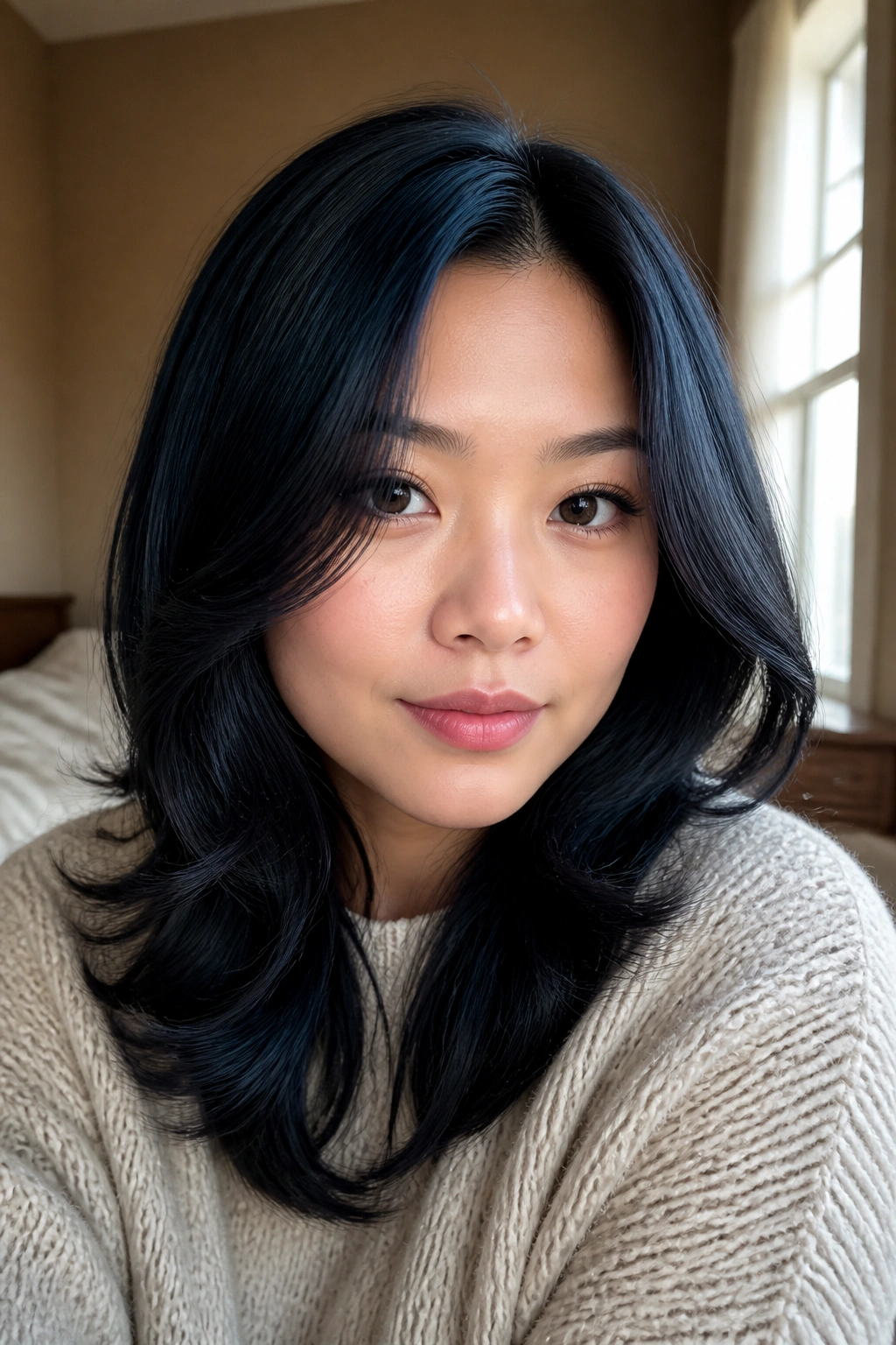 Close-up of a woman with blue-black hair featuring face-framing layers and a soft, cool shine.