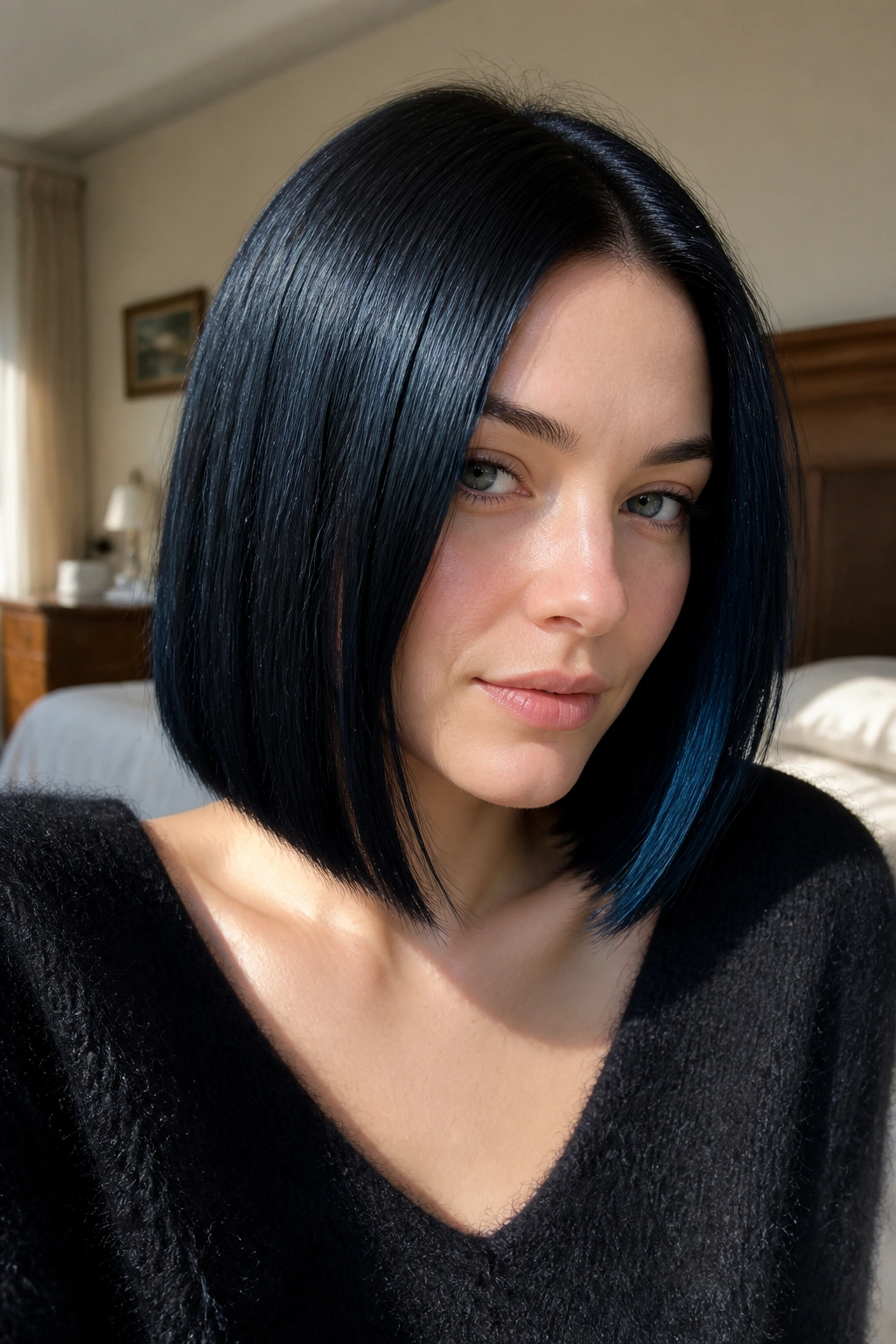 Close-up of a real woman with blue-black hair showing blue sheen in window light