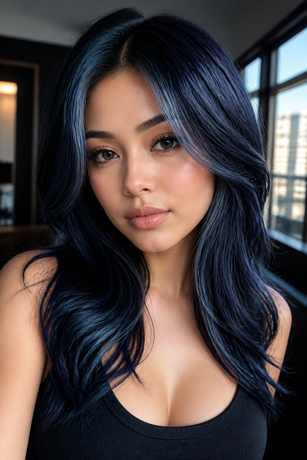 Portrait of a real woman with blue-black hair and high gloss with lighter front pieces.