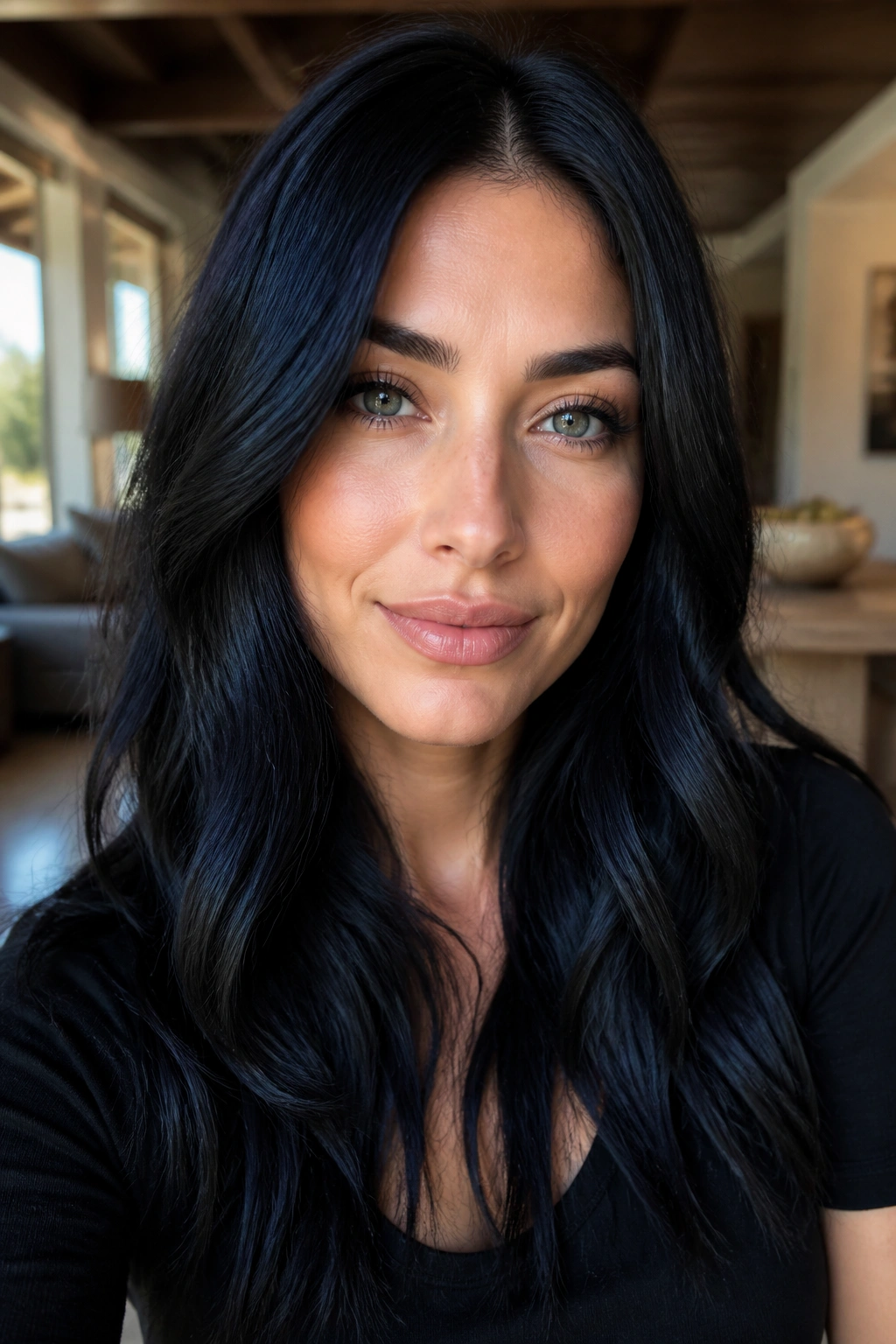 Close-up portrait of a woman with blue-black hair showing glossy reflections in natural light