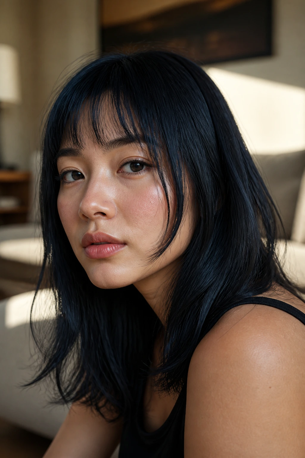 Close-up portrait of a real woman showing glossy blue-black hair with wispy micro-bangs