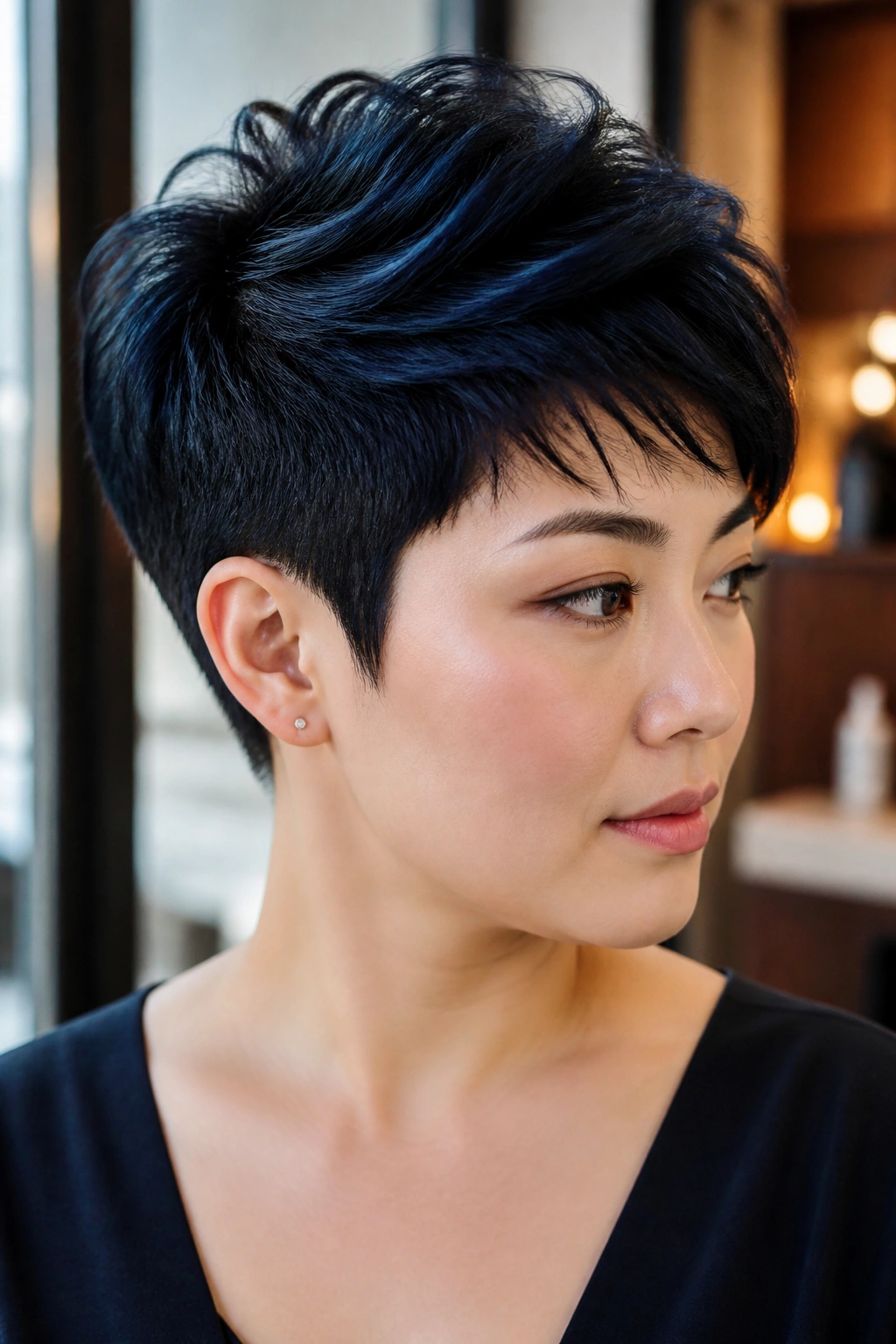 Close-up of a woman with a tapered pixie and feathered crown in blue-black hair