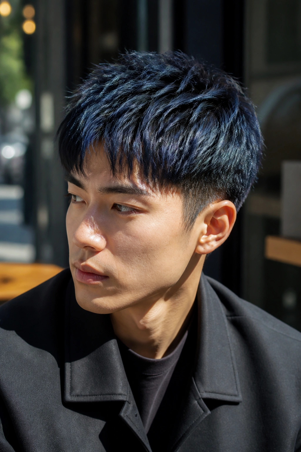 Portrait of a man with blue-black hair in natural light