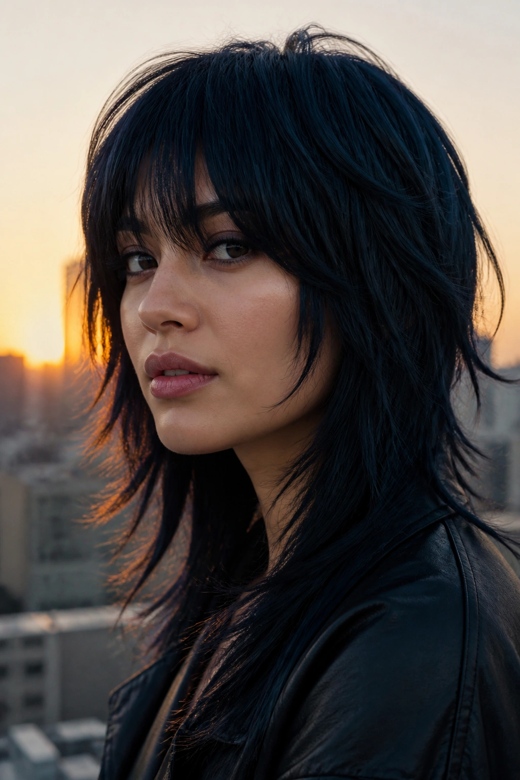 Close-up of a woman with blue-black shag and broken layers