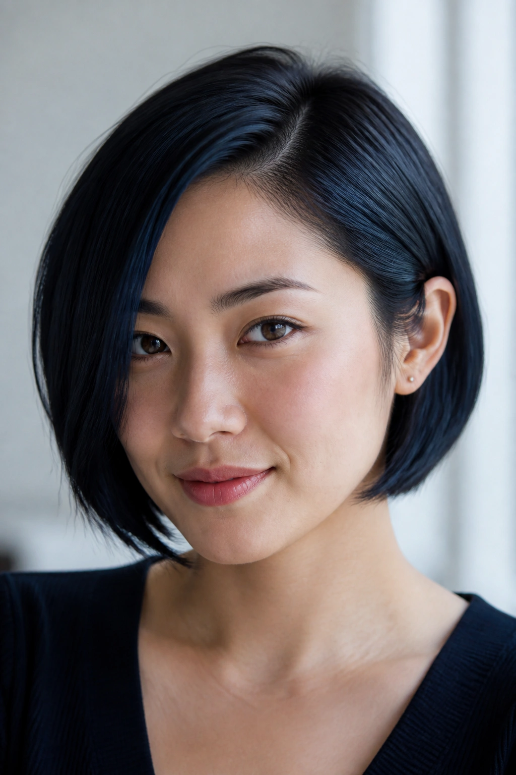 Close-up of a real woman with blue-black chin-length bob and deep side part