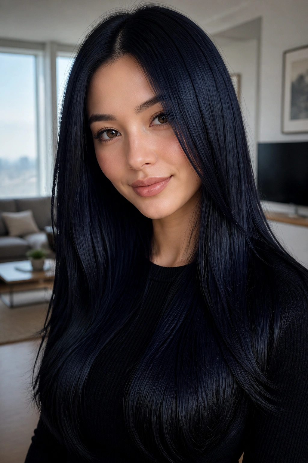 Close-up of a woman with sleek, glossy blue-black long hair