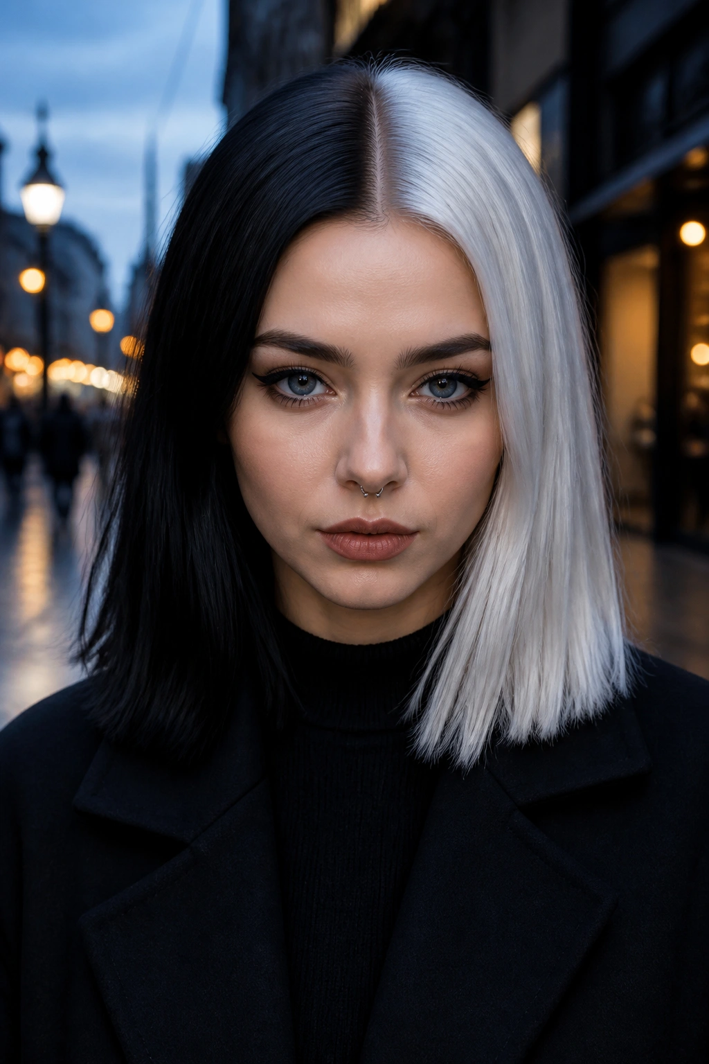 Close-up portrait showing a center-part split-dye with blue-black on one side and icy white on the other.