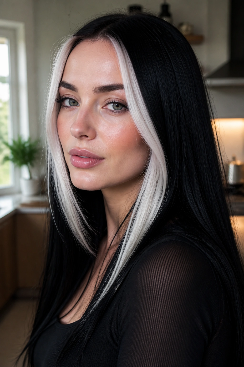 Close-up portrait of a real woman with blue-black hair and a crisp white money piece framing the face.