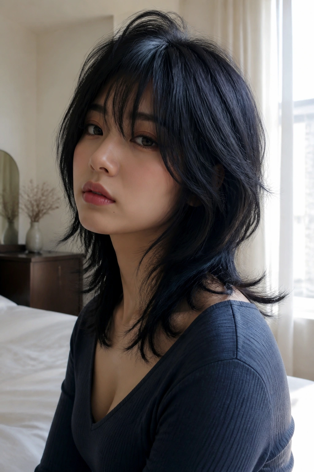 Close-up of a woman with a soft wolf cut and airy ends in blue-black