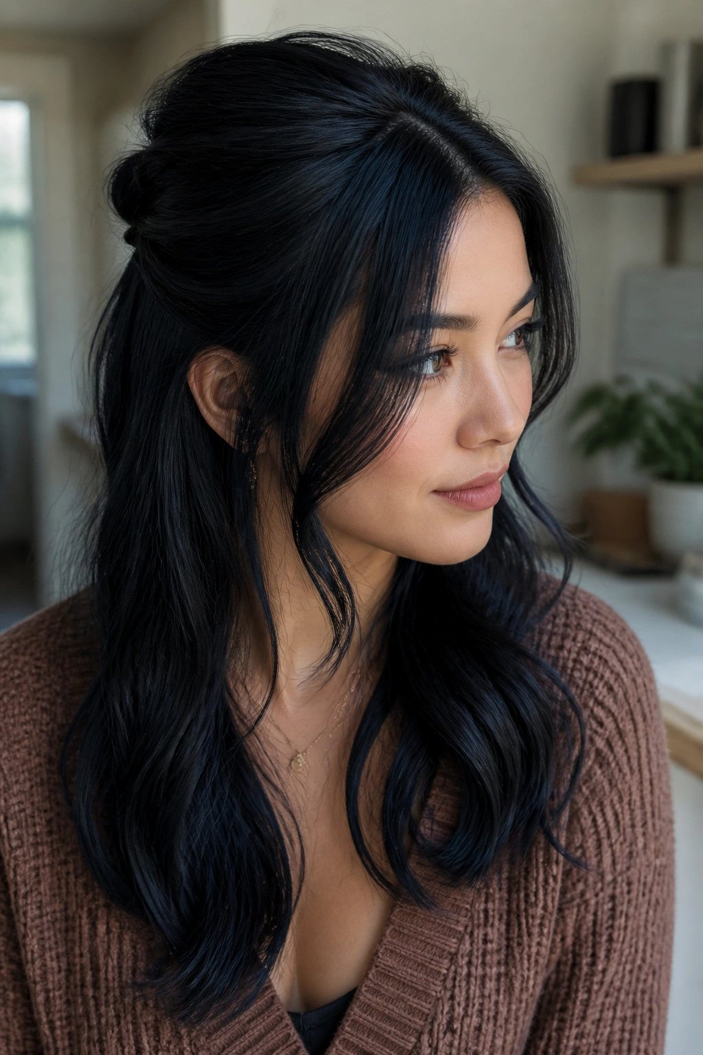 Real person wearing blue-black half-up crown lift with face-framing pieces