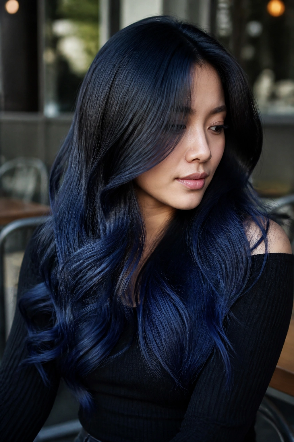Close-up of a real person with blue-black roots and indigo ends in long hair