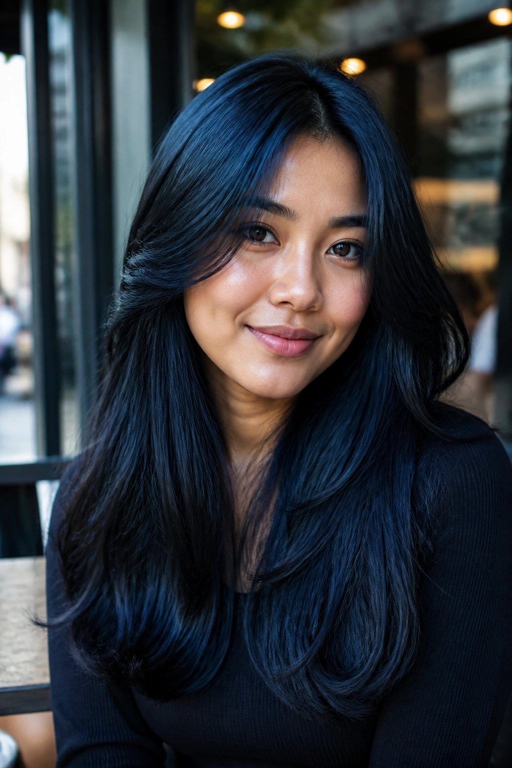Close-up of a real woman with blue-black jet-black hair shine