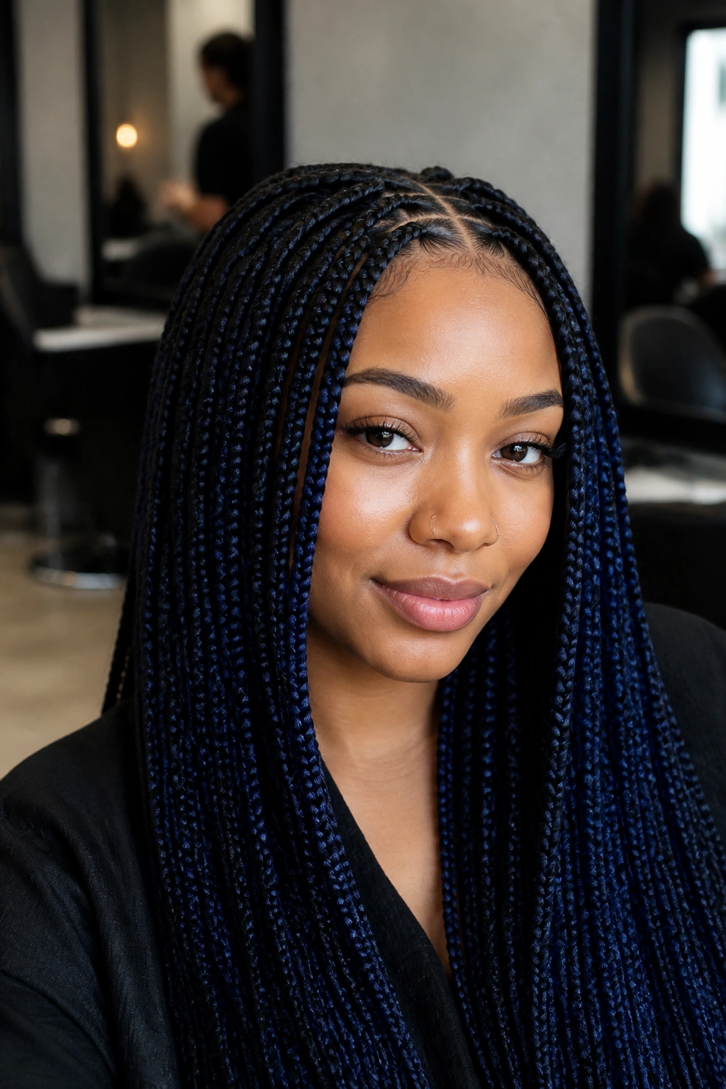 Real woman with long blue-black knotless braids in a clean salon