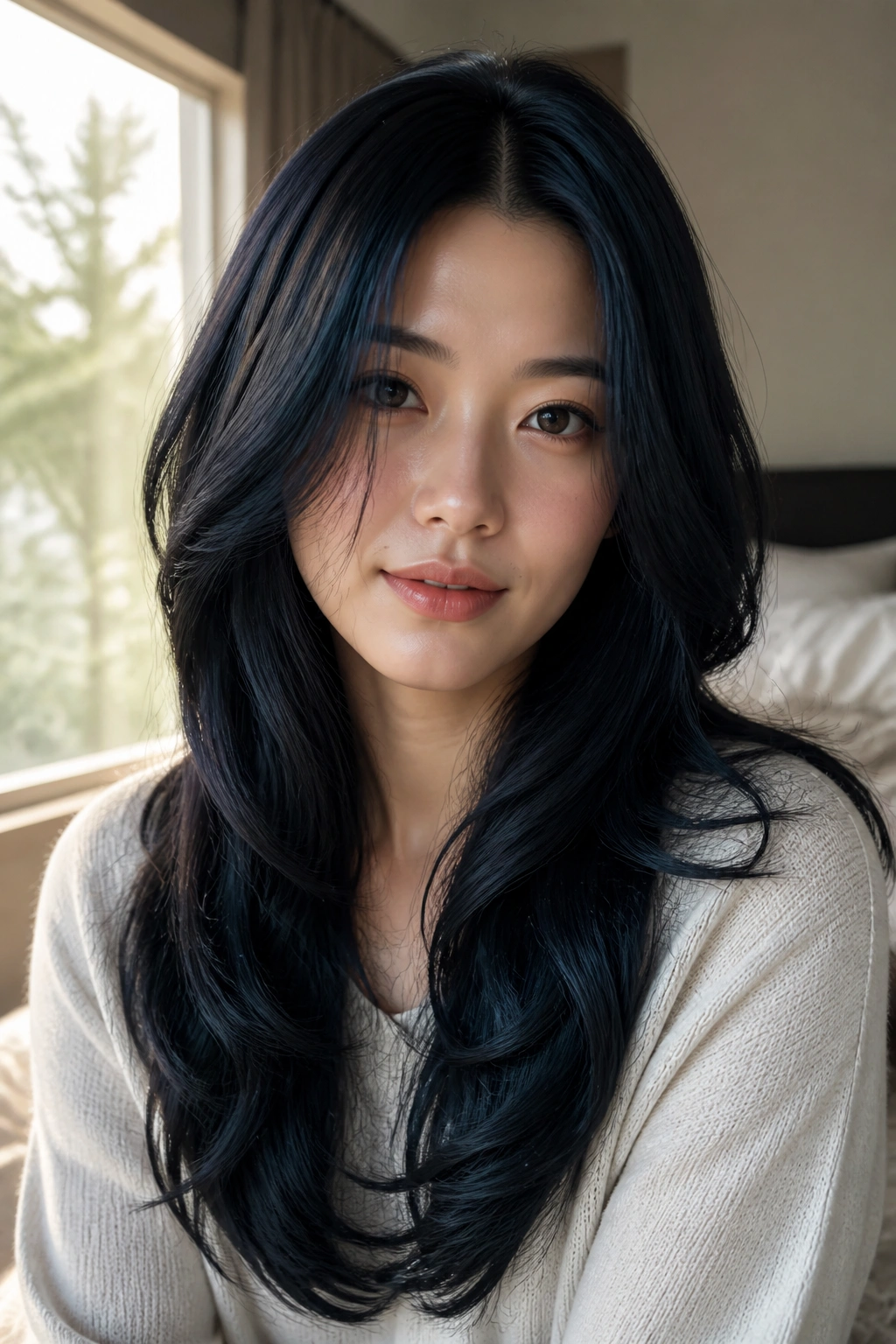 Close-up of a real woman with long blue-black layered hair, center part, soft waves in natural window light.