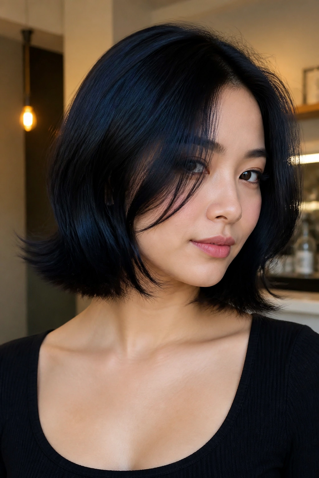 Real woman with blue-black lob showing flipped-out ends in warm light
