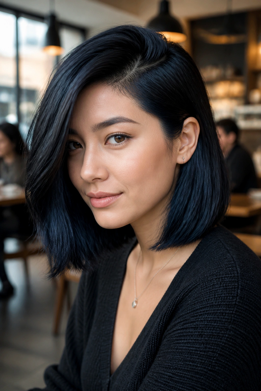 Three-quarter portrait of a real woman with deep side-part blue-black lob at collarbone.